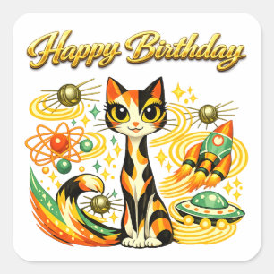 Pegatina Cuadrada Gato de porcelana atómico de cumpleaños Feliz cump