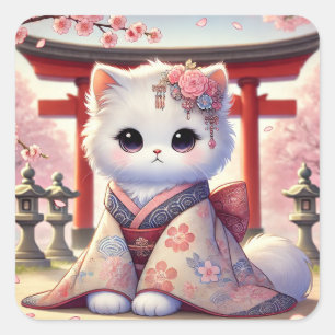 Pegatina Cuadrada Gato de Sakura Kimono en Japón