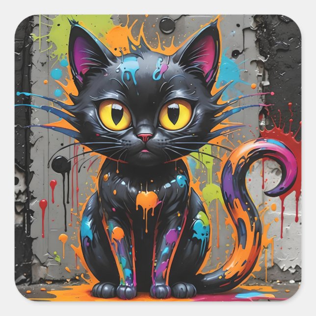 Pegatina Cuadrada Gato de salpicadura de arcoíris negro (Anverso)