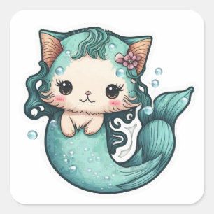 Pegatina Cuadrada Gato de sirena de color de agua suave