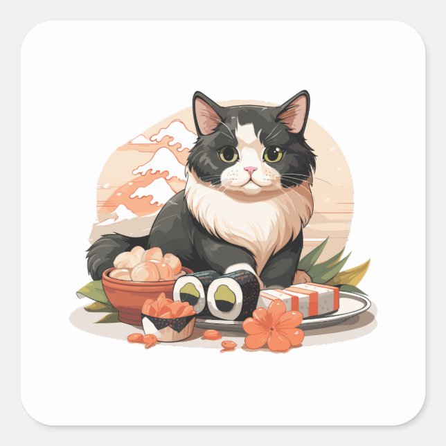 Pegatina Cuadrada Gato de sushi lindo (Anverso)