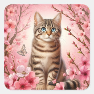 Pegatina Cuadrada Gato de Tabby Gato Gatito japonés Flor de cerezo G