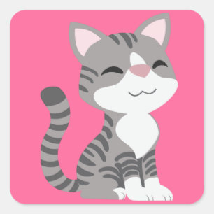 Pegatina Cuadrada Gato de Tabby gris sonriente lindo