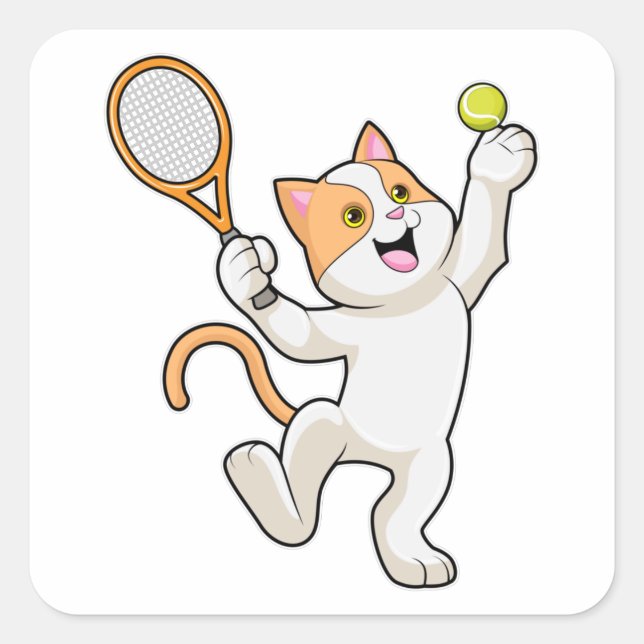 Pegatina Cuadrada Gato de tenis con raqueta de tenis (Anverso)