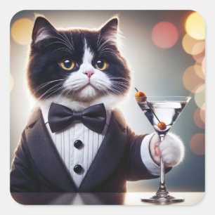Pegatina Cuadrada Gato De Tuxedo Con Cóctel Martini