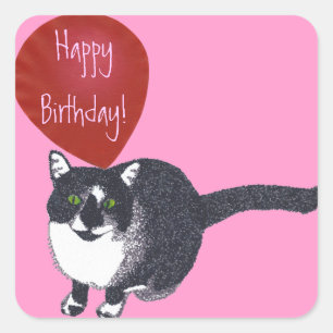 Pegatina Cuadrada Gato de Tuxedo con Pegatinas de cumpleaños felices