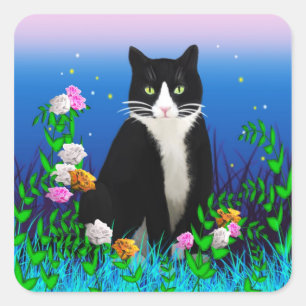 Pegatina Cuadrada Gato de Tuxedo con Pegatinas de flores