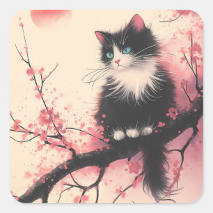 Pegatina Cuadrada Gato de Tuxedo en estética japonesa florece cerezo