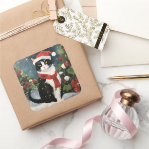 Pegatina Cuadrada Gato de Tuxedo en Navidades de nieve