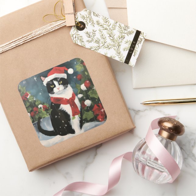 Pegatina Cuadrada Gato de Tuxedo en Navidades de nieve (Regalar)