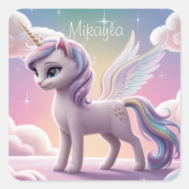 Pegatina Cuadrada Gato de unicornio arcoiris personalizado (Anverso)