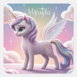 Pegatina Cuadrada Gato de unicornio arcoiris personalizado