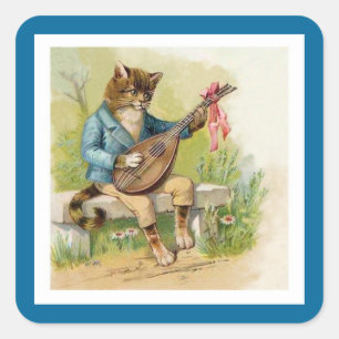 Pegatina Cuadrada Gato del Mandolina-Playing en chaqueta azul