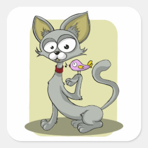 Pegatina Cuadrada Gato delgado y pájaro rosa