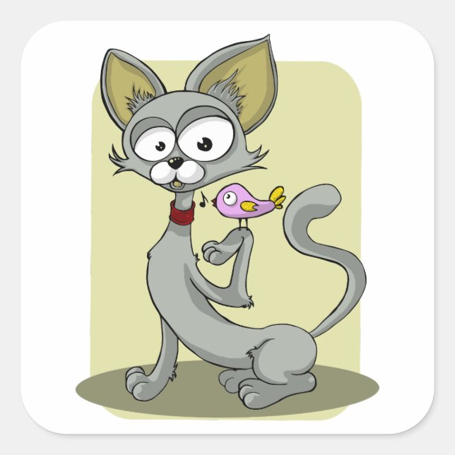 Pegatina Cuadrada Gato delgado y pájaro rosa (Anverso)