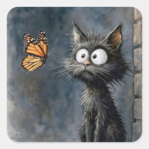 Pegatina Cuadrada Gato Desgreñado Mirando a una Mariposa Monarca