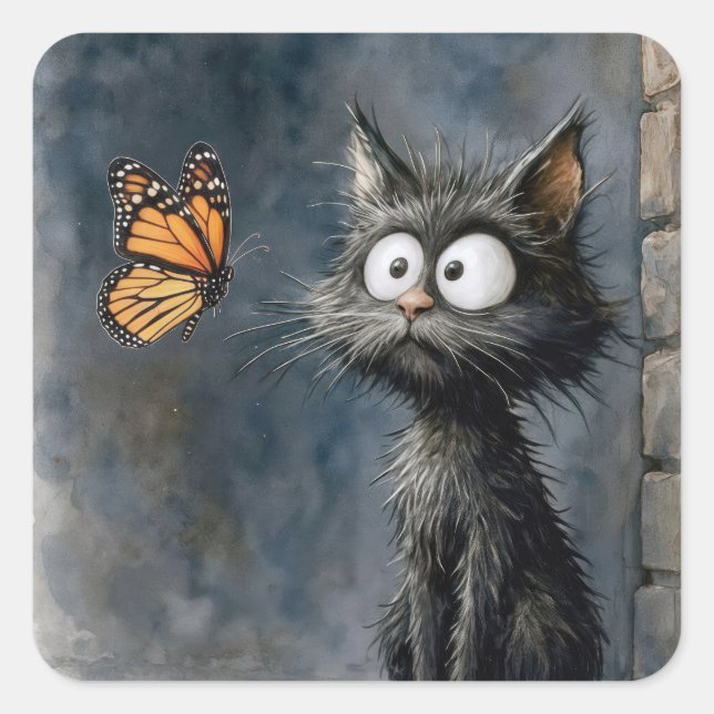 Pegatina Cuadrada Gato Desgreñado Mirando a una Mariposa Monarca (Anverso)