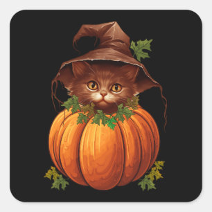 PEGATINA CUADRADA GATO DIVERTIDO CALABAZA LINDOS