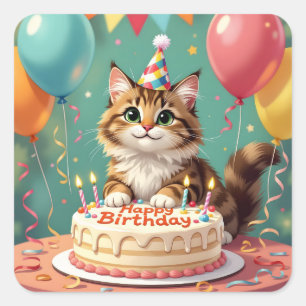 Pegatina Cuadrada Gato divertido de cumpleaños feliz