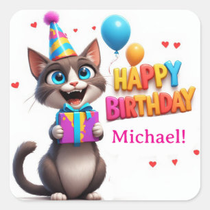 Pegatina Cuadrada Gato Divertido de Fiesta con Regalo de Cumpleaños