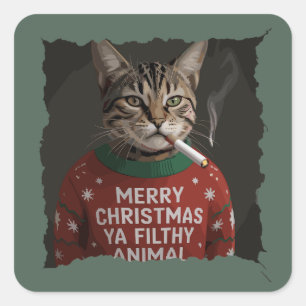 Pegatina Cuadrada Gato divertido fumando en Navidad, meme sarcástico