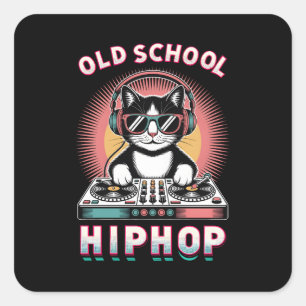 Pegatina Cuadrada Gato DJ Antiguo Escolar Genial