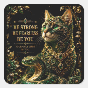 Pegatina Cuadrada Gato Dorado Ojos Verdes Arte Elegante
