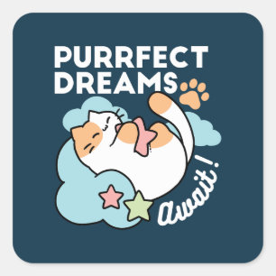 Pegatina Cuadrada Gato Dormilón Abrazando Estrella – Sueños Perfecto