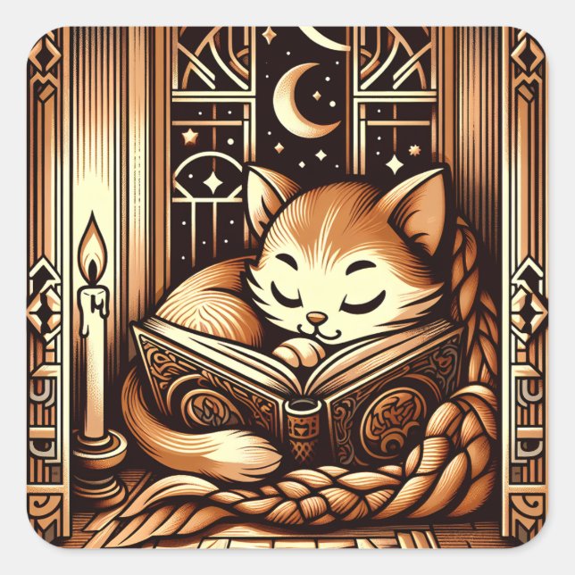 Pegatina Cuadrada Gato durmiendo al estilo Art Deco con un libro (Anverso)