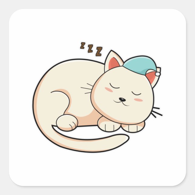 Pegatina Cuadrada Gato durmiendo con gorra nocturna (Anverso)