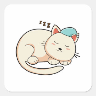 Pegatina Cuadrada Gato durmiendo con gorra nocturna