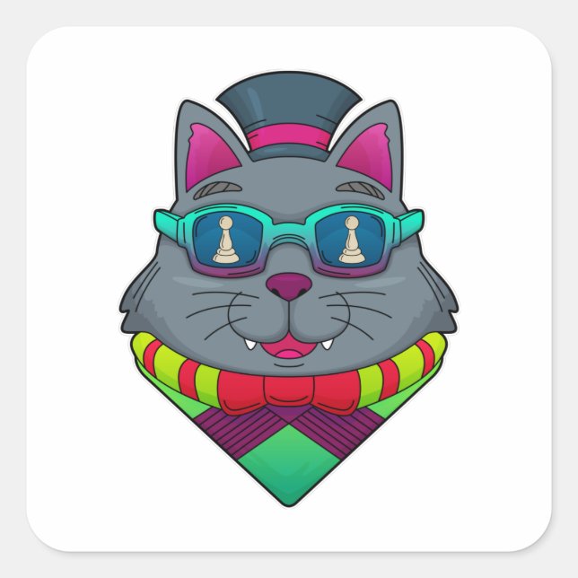 Pegatina Cuadrada Gato en ajedrez con peón de ajedrez (Anverso)