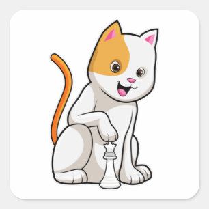 Pegatina Cuadrada Gato en ajedrez con peón de ajedrez