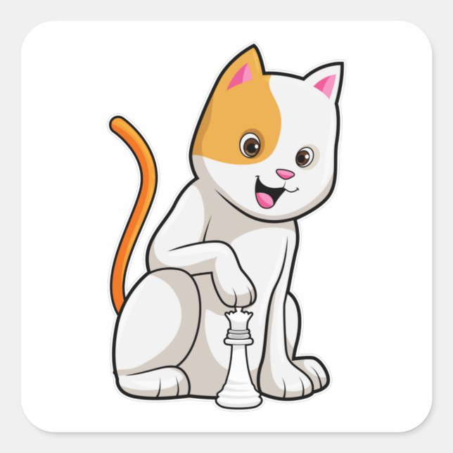Pegatina Cuadrada Gato en ajedrez con peón de ajedrez (Anverso)