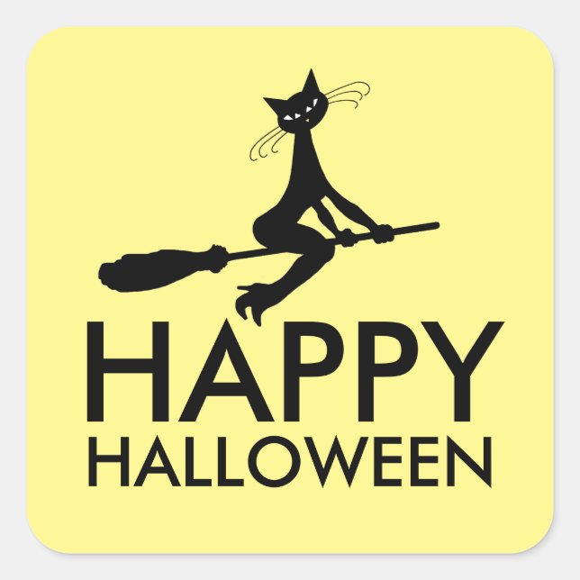 Pegatina Cuadrada Gato En Broomstick, Feliz Halloween (Anverso)