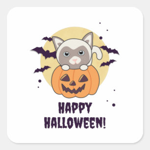 Pegatina Cuadrada Gato En Calabaza Gatos Dulces Feliz Halloween