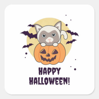 Pegatina Cuadrada Gato En Calabaza Gatos Dulces Feliz Halloween