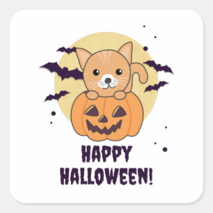 Pegatina Cuadrada Gato En Calabaza Gatos Dulces Feliz Halloween