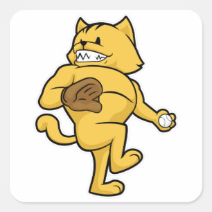 Pegatina Cuadrada Gato en el béisbol con guante Catch