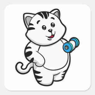 Pegatina Cuadrada Gato en el entrenamiento de Biceps con Dumbbell