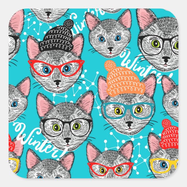 Pegatina Cuadrada Gato en el gorra (Anverso)