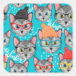 Pegatina Cuadrada Gato en el gorra