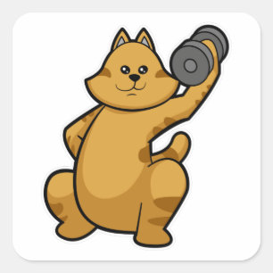 Pegatina Cuadrada Gato en el hombro entrenando con Dumbbell