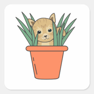 Pegatina Cuadrada Gato En Flor Pot Gracioso Gatito En Plantas