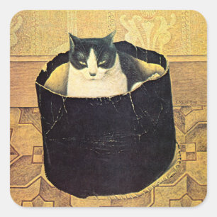Pegatina Cuadrada Gato en Hatbox, Solomon Meijer