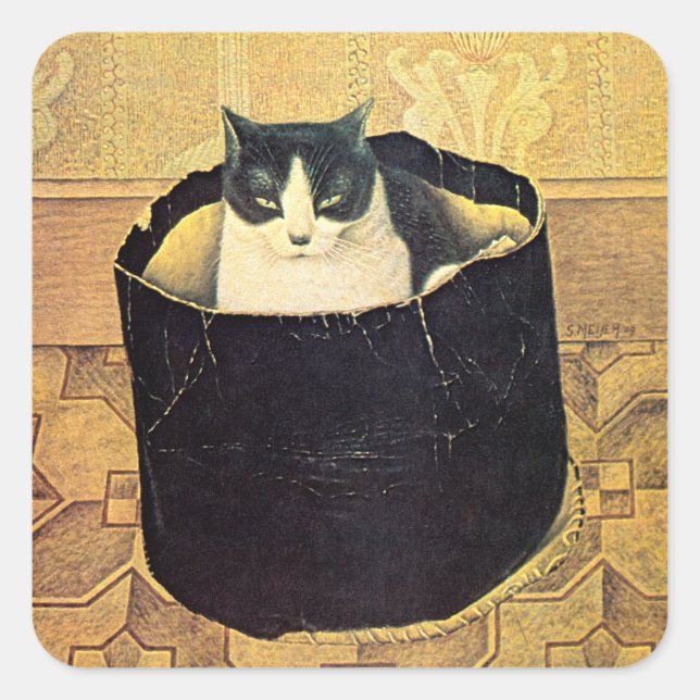 Pegatina Cuadrada Gato en Hatbox, Solomon Meijer (Anverso)