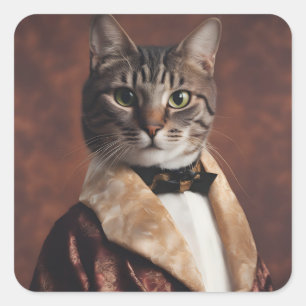 Pegatina Cuadrada Gato en la Chaqueta de Fumar