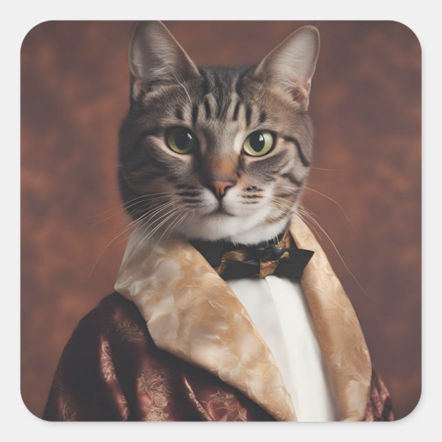 Pegatina Cuadrada Gato en la Chaqueta de Fumar (Anverso)