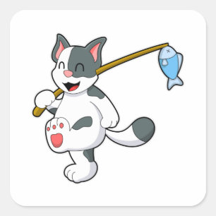 Pegatina Cuadrada Gato en la pesca con barra de pesca