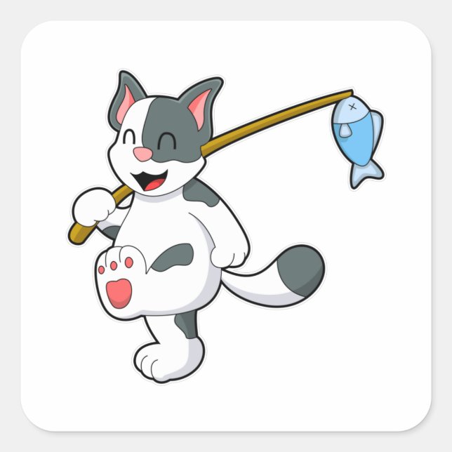 Pegatina Cuadrada Gato en la pesca con barra de pesca (Anverso)